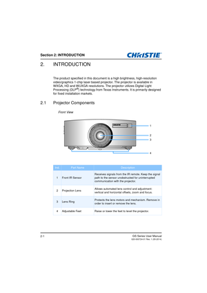 Page 9Section 2: INTRODUCTION
GS Series User Manual020-000724-01 Rev. 1 (05-2014)2-1
2. INTRODUCTION
The product specified in this document is a high brightness, high-resolution 
video/graphics 1-chip laser based projector. The projector is available in 
WXGA, HD and WUXGA resolutions. The projector utilizes Digital Light 
Processing (DLP
®) technology from Texas Instruments. It is primarily designed 
for fixed installation markets.
2.1 Projector Components
Front View
Ind.Part NameDescription
1Front IR Sensor...