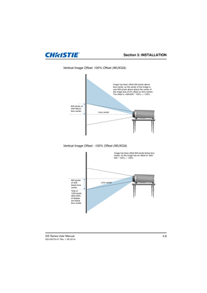 Page 26Section 3: INSTALLATION
GS Series User Manual020-000724-01 Rev. 1 (05-2014)3-8
Vertical Image Offset: 100% Offset (WUXGA)
Vertical Image Offset: -100% Offset (WUXGA)
Image has been offset 600 pixels above 
lens center, so the center of the image is 
now 600 pixels above where the center of 
the image was at 0% offset (or lens center).
The offset is +600/600 * 100% = +100%.
600 pixels of 
shift above 
lens center. Lens center
Image has been offset 600 pixels below lens 
center, so the image has an offset...