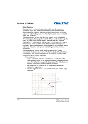 Page 47Section 4: OPERATION
GS Series User Manual020-000724-01 Rev. 1 (05-2014)4-13
Color Matching
You may require a unique color gamut (range) for a single projector or 
application, or you may need to precisely match colors across multiple 
adjacent displays. Use Color Matching  by Meter Adjustment or by Manual 
Adjustment to define the precise hue of  each primary color component (red, 
green, blue and white).
The x/y coordinates for each color define its location on the standard CIE 
chromaticity graph....