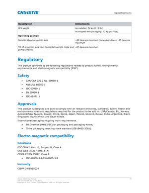 Page 79Description
Dimensions
LPS weight As installed: 52 kg (113 lbs)
As shipped with packaging: 72 kg (157 lbs)
Operating position
Rotation about projection axis +90 degrees maximum (lamp door down), -15 degrees
maximum
Tilt of projection axis from horizontal (upright mode and
portr ait mode) 