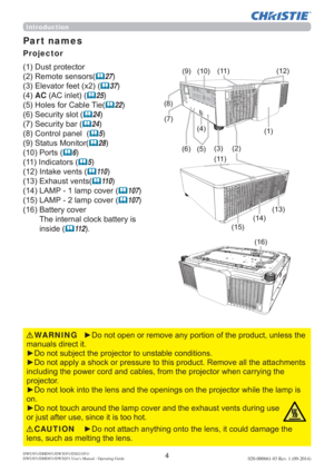 Page 64DWU951/DHD951/DWX951/DXG1051/
DWU851/DHD851/DWX851 Users Manual - Operating Guide020-000661-03 Rev. 1 (09-2014)
Introduction
Projector
XVWSURWHFWRU
5HPRWHVHQVRUV
	27
(OHYDWRUIHHW[
	37
AC$&LQOHW
	25
+ROHVIRU&DEOH7LH
	22
6HFXULW\VORW
	24
6HFXULW\EDU
	24
&RQWUROSDQHO
	5
6WDWXV0RQLWRU
	28
3RUWV
	6
,QGLFDWRUV
	5
,QWDNHYHQWV
	11 0
([KDXVWYHQWV
	11 0
/$03ODPSFRYHU
	107
...