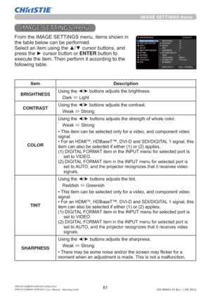 Page 6361020-000661-03 Rev. 1 (09-2014)DWU951/DHD951/DWX951/DXG1051/ 
DWU851/DHD851/DWX851 Users Manual - Operating Guide
IMAGE SETTINGS menu
,0$*(6(77,1*6PHQX
)URPWKH,0$*(6(77,1*6PHQXLWHPVVKRZQLQ
WKHWDEOHEHORZFDQEHSHUIRUPHG
6HOHFWDQLWHPXVLQJWKHxzFXUVRUEXWWRQVDQG
SUHVVWKHyFXUVRUEXWWRQRUENTEREXWWRQWR
H[HFXWHWKHLWHP7KHQSHUIRUPLWDFFRUGLQJWRWKH
IROORZLQJWDEOH
Item Description
BRIGHTNESS8VLQJWKH
{yEXWWRQVDGMXVWVWKHEULJKWQHVV
DUN
Ù/LJKW...