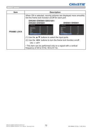 Page 7472DWU951/DHD951/DWX951/DXG1051/ 
DWU851/DHD851/DWX851 Users Manual - Operating Guide020-000661-03 Rev. 1 (09-2014)
INPUT menu
Item Description
FRAME LOCK\
6HWWKHIUDPHORFNIXQFWLRQRQRIIIRUHDFKSRUW
8VHWKHxzEXWWRQVWRVHOHFWWKHLQSXWSRUWV
8VHWKH{yEXWWRQVWRWXUQWKHIUDPHORFNIXQFWLRQRQRII
21
Ù2))
