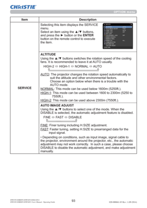 Page 95020-000661-03 Rev. 1 (09-2014)DWU951/DHD951/DWX951/DXG1051/ 
DWU851/DHD851/DWX851 Users Manual - Operating Guide
OPTION menu
Item Description
SERVICE6HOHFWLQJWKLVLWHPGLVSOD\VWKH6(59,&(
PHQX
6HOHFWDQLWHPXVLQJWKHxzEXWWRQV
DQGSUHVVWKHyEXWWRQRUWKHENTER
EXWWRQRQWKHUHPRWHFRQWUROWRH[HFXWH
WKHLWHP
ALTITUDE
J
IDQV,WLVUHFRPPHQGHGWROHDYHLWDW$872XVXDOO\
+,*+
Ù+,*+
Ù1250$/
Ù$ 8 72 
$872


$872PRGH
1250$/7KLVPRGHFDQEHXVHGEHORZPIW...