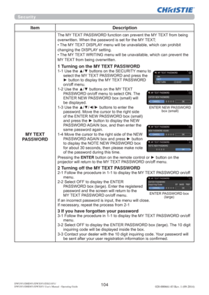 Page 106104DWU951/DHD951/DWX951/DXG1051/ 
DWU851/DHD851/DWX851 Users Manual - Operating Guide020-000661-03 Rev. 1 (09-2014)
Security
Item Description
MY TEXT 
PASSWORD
7KH0