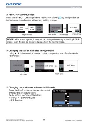 Page 5755020-000661-03 Rev. 1 (09-2014)DWU951/DHD951/DWX951/DXG1051/ 
DWU851/DHD851/DWX851 Users Manual - Operating Guide
QDUHDLQ
3E\3PRGH €  Changing the size of main area in PbyP mode
3UHVVWKH3E\3EXWWRQRQWKHUHPRWHFRQWURO
RUIROORZWKHSURFHGXUHEHORZ
($6