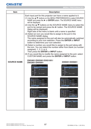 Page 89020-000661-03 Rev. 1 (09-2014)DWU951/DHD951/DWX951/DXG1051/ 
DWU851/DHD851/DWX851 Users Manual - Operating Guide
MENU PREFERENCES
Item Description
SOURCE NAMEW


1$0(DQGSUHVVWKHyRUENTEREXWWRQ7KH6285&(1$0(PHQX
ZLOOEHGLVSOD\HG

SRUWWREHQDPHGDQGSUHVVWKHyEXWWRQ7KH6285&(1$0(
GLDORJZLOOEHGLVSOD\HG


6285&(1$0(GLDORJ
HG
DFFRUGLQJWR\RXULFRQVHOHFWLRQ3UHVVWKHENTERRUINPUT
EXWWRQWRGHWHUPLQH\RXULFRQVHOHFWLRQ

WKHLFRQ