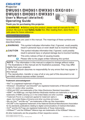 Page 31020-000661-03 Rev. 1 (09-2014)DWU951/DHD951/DWX951/DXG1051/ 
DWU851/DHD851/DWX851 Users Manual - Operating Guide
‡0DF®LVDUHJLVWHUHGWUDGHPDUNRI$SSOH,QF
‡:LQGRZV®LUHFWUDZ®DQGLUHFW®
LQWKH86DQGRURWKHUFRXQWULHV
‡9(6$DQG&DUHWUDGHPDUNVRIWKH9LGHR(OHFWURQLFV6WDQGDUG$VVRFLDWLRQ
‡
+0,70DGHPDUNVRUUHJLVWHUHG
FRXQWULHV
‡
7UDGHPDUN3-/LQNLVDWUDGHPDUNDSSOLHGIRUWUDGHPDUNULJKWVLQ
-DSDQWKH8QLWHG6WDWHVRI$PHULFDDQGRWKHUFRXQWULHVDQGDUHDV...