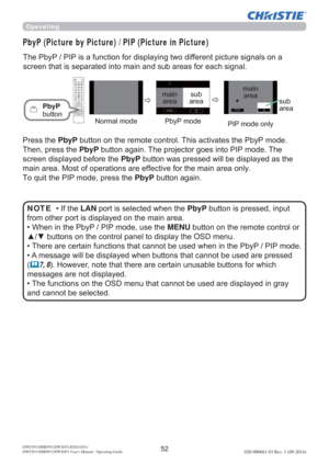 Page 5452DWU951/DHD951/DWX951/DXG1051/ 
DWU851/DHD851/DWX851 Users Manual - Operating Guide020-000661-03 Rev. 1 (09-2014)
7KH3E\33,3LVDIXQFWLRQIRUGLVSOD\LQJWZRGLIIHUHQWSLFWXUHVLJQDOVRQD
O
PbyP (Picture by Picture) / PIP (Picture in Picture)
PbyP
EXWWRQ
1RUPDOPRGH 3E\3PRGH
PDLQ
DUHDVXE
DUHD
3,3PRGHRQO\
3UHVVWKHPbyP
7KHQSUHVVWKHPbyPEXWWRQDJDLQ7KHSURMHFWRUJRHVLQWR3,3PRGH7KH
VFUHHQGLVSOD\HGEHIRUHWKHPbyPEXWWRQZDVSUHVVHGZLOOEHGLVSOD\HGDVWKH
QO\...