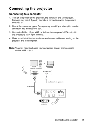 Page 1111
Connectingtheprojector
Connectingtoacomputer
1.Turnoffthepowerfortheprojector,thecomputerandvideoplayer.
Damagemayresultifyoutrytomakeaconnectionwhenthepoweris
switchedon.
2.Checktheconnectortypes.Damagemayresultifyouattempttoinserta
connectorintotheincorrectport.
3.ConnectaD-Sub15pinVGAcablefromthecomputersVGAoutputto
theprojectorsVGAinputterminal.
4.Makesurethatalltheterminalsarewellconnectedbeforeturningonthe
projectorandthecomputer.

Note:Youmayneedtochangeyourcomputersdisplaypreferencesto...