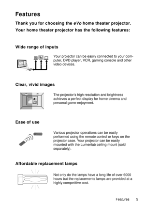 Page 55
Features
ThankyouforchoosingtheeVohometheaterprojector.
Yourhometheaterprojectorhasthefollowingfeatures:
Clear,vividimages
Theprojector’shighresolutionandbrightness
achievesaperfectdisplayforhomecinemaand
personalgameenjoyment.
Easeofuse
Variousprojectoroperationscanbeeasily
performedusingtheremotecontrolorkeysonthe
projectorcase.Yourprojectorcanbeeasily
mountedwiththeLumenlabceilingmount(sold
separately).
Yourprojectorcanbeeasilyconnectedtoyourcom-
puter,DVDplayer,VCR,gamingconsoleandother...