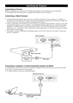 Page 20
20
Connecting to Devices 
Before	connection,	be	sure	to	turn	off	both	the	projector	and	the	device	to	be	connected.	
•	 Thoroughly	read	the	manual	that	is	supplied	with	the	device	to	be	connected.	
Connecting a Video Processor
•	 A	Meridian/Faroudja	Digital	Video	processor	is	the	ideal	companion	for	your	projector.	It	is	capable	of	
processing	and	upscaling	all	your	video	sources	to	HD	quality	and	will	give	you	the	maximum	image	qual-
ity	from	any	source.	Consult	your	dealer	for	additional	information....