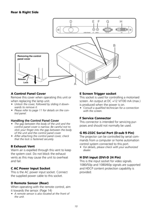 Page 10
10
A Control Panel Cover 
Remove	this	cover	when	operating	this	unit	or	
when	replacing	the	lamp	unit.	
• Unlock the cover, followed by sliding it down-
wards to remove it. 
• Please refer to page 11 for details on the con-
trol panel. 
Handling the Control Panel Cover 
• The gap between the body of the unit and the 
control panel cover is narrow. Be careful not to 
stick your finger into the gap between the body 
of the unit and the control panel cover. 
• After attaching the control panel cover, check...