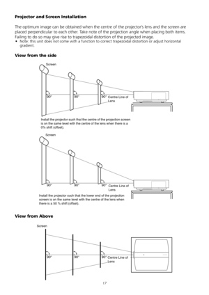 Page 17
1
Projector and Screen Installation
The	optimum	image	can	be	obtained	when	the	centre	of	the	projector’s	lens	and	the	screen	are	
placed	perpendicular	to	each	other.	Take	note	of	the	projection	angle	when	placing	both	items.	
Failing	to	do	so	may	give	rise	to	trapezoidal	distortion	of	the	projected	image.	
•	 Note:	this	unit	does	not	come	with	a	function	to	correct	trapezoidal	distortion	or	adjust	horizontal	
gradient.	
View from the side
90°90°90°
Screen...