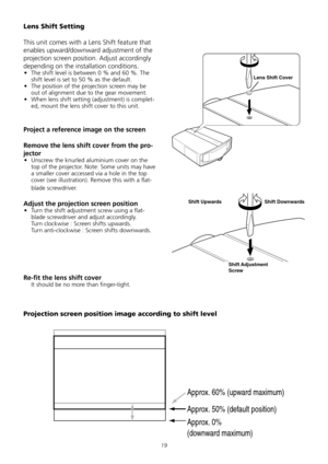 Page 19
1
Lens Shift Setting
This	unit	comes	with	a	Lens	Shift	feature	that	
enables	upward/downward	adjustment	of	the	
projection	screen	position.	Adjust	accordingly	
depending	on	the	installation	conditions.	
•	 The	shift	level	is	between	0	%	and	60	%.	The	
shift	level	is	set	to	50	%	as	the	default.	
•	 The	position	of	the	projection	screen	may	be	
out	of	alignment	due	to	the	gear	movement.	
•	 When	lens	shift	setting	(adjustment)	is	complet-
ed,	mount	the	lens	shift	cover	to	this	unit.	
Project a...