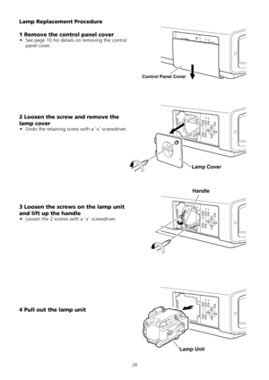 Page 28
2
Lamp Replacement Procedure 
1 Remove the control panel cover 
•	 See	page	10	for	details	on	removing	the	control	
panel	cover.
2 Loosen the screw and remove the 
lamp cover 
•	 Undo	the	retaining	screw	with	a	‘+’	screwdriver.	
3 Loosen the screws on the lamp unit 
and lift up the handle 
•	 Loosen	the	2	screws	with	a	‘+’	screwdriver.	
4 Pull out the lamp unit 
Control Panel Cover
LampCover
Handle
LampUnit 