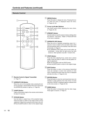 Page 12
12
1Remote Control’s Signal Transmitter
(☞  Page 17)
2[OPERATE ON] Button
When this unit is in the standby mode, pressing the but-
ton for more than 1 second will turn this unit on and cause
the [OPERATE] indicator to light up. ( ☞ Page 20)
3[LIGHT] Button
Lights up illumination (light) of the remote control buttons
for about 10 seconds.
4[FOCUS] Button
Use this button to adjust focus of the projected image.
Press the button to switch to the image mode for focus
adjustment. Adjust focus using the focus...