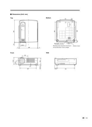 Page 39
39
181 2067.5
298
89
26715 2
7
38.2 298
300
360
292
92.38.2
115.9
65.4
25~56 109
36.2
Dimensions (Unit: mm)
Top
Front Side
Bottom
M6 (Depth: 10 mm)
Mounting screw should be more than 6
mm but less than 10 mm in length. Center of Lens 