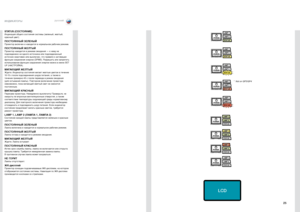 Page 2525
русскийИНДИКАТОРЫ
STATUS (СОСТОЯНИЕ)Индикация общего состояния систем\Еы (зеленый, желтый, 
красный цвет) .
ПОСТОЯННЫЙ ЗЕЛЕНЫЙПроектор включен и\Е находится в нормальном\Е рабочем режиме .
ПОСТОЯННЫЙ ЖЕЛТЫЙПроектор находится в режиме ожидания — к нему н\Ее 
подсоединено ни одного источника или подсоединенный 
источник неактивен или\Е выключен, что при\Евело к активации 
функции сохранения энергии (DP\ЕMS) . Разрешить или запре\Етить 
использование функции сохранения энергии можно в меню SET 
UP...