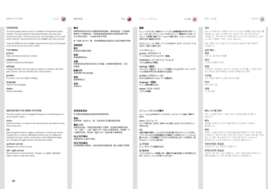 Page 5050
english中文
日本語 한국어
OVE\fVIEW
The
.menu .system .gives .access .to .a .multitude .of .image .and .system.
controls  ..The .menu .system .is .structured .through .a .top .menu .and.
several .sub .menus  ..The .sub .menus .may .vary .depending .on .the .actual.
source .selected  ..Some .functions .are .not .available .with .some .sources  .
Press .the .MENU .key .and .navigate .using .the .arrow .keys .on .the .keypad.
or .the .arrow .keys .on .the .remote .control
TOP MENU
picture
Basic .and .advanced...