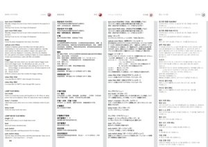 Page 6464
english中文
日本語 한국어
LAMP SUB MENU
eco mode
Switch
.eco .mode .(low .power .and .long .life) .on .or .off  ..When .on, .lamp.
power .may .not .be .adjusted  ..When .off, .lamp .power .may .be .adjusted  ..
l\bmp 1, 2 powerAdjust.lamp .power .when .not .in .eco .mode  ..Individual .control .of .each.
lamp  .
l\bmp modeEnters .the .lamp .mode .sub .menu  .
MENU SYSTEM
菜单系统
メニューシステム메뉴 시스템
LAMP MODE SUB MENU\I
single 1, 2
Selects .which .lamp .to .run .in .single .lamp .mode  .
du\blRuns.both .lamps...