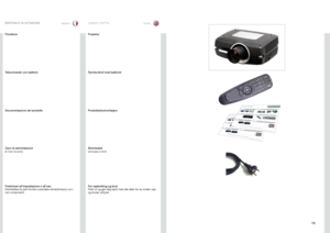 Page 1515
italianonorskLEVERT UTSTYRMATERIALE IN DOTAZIONE
ProiettoreProjektor 
Telecomando con batterie
Documentazione del prodotto
Cavo di alimentazione(in base al paese)
Preliminari all’impostazione e all’usoDisimballare le parti fornite e prendere dimestichezza con i vari componenti .
Fjernkontroll med batterier
Produktdokumentasjon
Strømkabel(avhengig av land)
Før oppkobling og bruk Pakk ut og gjør deg kjent med alle deler før du kobler opp og bruker utstyret .        