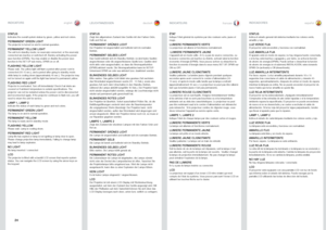 Page 2424
englishdeutschfrancaisespañolINDICATORSLEUCHTANZEIGENINDICATEURSINDICADORES
STATUSIndicates the overall system status by green, yellow and red colors .
PERMANENT GREEN LIGHTThe projector is turned on and in normal operation .
PERMANENT YELLOW LIGHTThe unit is in standby mode; no source(s) connected, or the source(s) connected are inactive or switched off, thereby activating the power-save function (DPMS) . You may enable or disable the power save function in the SET UP sub menu, DPMS on or off ....