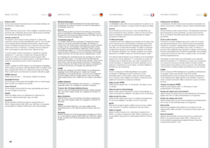 Page 6868
englishdeutschfrancaisespañol
factory resetFactory reset erases all memorised source and system settings, and sets all back to default values .
serviceService enters the service menu . This is available to authorised service personnel only . Entering the service menu without proper knowledge may permanentely damage the projector  .
remote control IDThe projector can be set up to have a unique ID, so that it only responds to remote controls transmitting the same ID  . Up to 99 units can be handled...