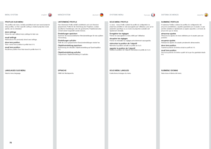 Page 7070
englishdeutschfrancaisespañol
PROFILES SUB MENU
The profiles sub menu contains predefined and user saved projector setup profiles, so that a specific setting or desired projection mode quickly can be reinstated .
store settingsStores the user defined menu settings for later use .
recall settingsReintroduces the previously stored user settings .
store lens positionStore current lens position in profile from 0-9 .
recall lens positionRecall lens position from that stored in profile from 0-9 .
MENU...