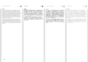 Page 4646
english中文
日本語 한국어
TIME\f
The
.projector .features .a .real-time .clock .that .enables .timing .control  ..
This .means .that .the .projector .can .be .programmed .to .switch .on.
and .off .at .certain .pre-set .times .during .a .weekly .cycle  ..To .allow .for .a.
flexible .schedule, .10 .‘programs’ .are .available  ..With .each .program, .you.
can .define .the .switch .on .or .switch .off .time .for .a .single .day .(Monday.
to .Sunday), .all .work .days .(Monday .through .Friday), .or .week-end....