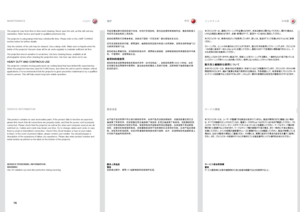 Page 7676
english中文
日本語
The.projector .may .from .time .to .time .need .cleaning  ..Never .open .the .unit, .as .this .will .void .any.
warranties  ..Refer .service .and .repair .to .qualified .personnel .only  ..
The .projector .is .using .lamps .that .have .a .limited .life .time  ..Please .refer .to .the .LAMP .C\bANGE.
section .below .for .further .details  .
Only .the .exterior .of .the .unit .may .be .cleaned  ..Use .a .damp .cloth  ..Make .sure .no .liquids .enter .the.
inside .of .the .projector .Vacuum...