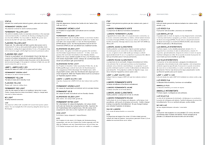 Page 2424
englishdeutsch francais españolINDICATORS
LEUCHTANZEIGENINDICATEURSINDICADORES
STATUS
Indicates the overall system status by green, yellow and red colors  .
PERMANENT GREEN LIGHTThe projector is turned on and in normal operation .
PERMANENT YELLOW LIGHTThe unit is in standby mode; no source(s) connected, or the source(s) 
connected are inactive or switched off, thereby activating the power-
save function (DPMS) . You may enable or disable the power save 
function in the SET UP sub menu, DPMS on or off...