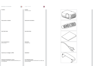 Page 1515
italianonorskLEVERT UTSTYR
MATERIALE IN DOTAZIONE
Proiettore Projektor 
Linse leveres separat
Telecomando con batterie
Quick Start Guide
Cavo di alimentazione
(in base al paese)
Coperchio per montaggio a soffitto
Preliminari all’impostazione e all’uso
Disimballare le parti fornite e prendere dimestichezza con i 
vari componenti .Fjernkontroll med batterier
Quick Start Guide
Strømkabel
(avhengig av land)
Kabeldeksel
Før oppkobling og bruk
Pakk ut og gjør deg kjent med alle deler før du kobler opp 
og...