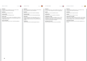 Page 5656
englishdeutsch francais españolMENU SYSTEM
MENÜSYSTEMSYSTEME MENUSISTEMA DE MENÚS
RealColor
Accesses the colour management sub menu, see the Colour 
management submenu for more information  .
advancedEnters the advanced settings sub menu .
enhancementsEnters the enhancement settings sub menu  .
picture resetResets all source specific settings, such as brightness, contrast and 
format settings . Picture reset does not affect global settings such as 
installation specific valuses  .
source information...