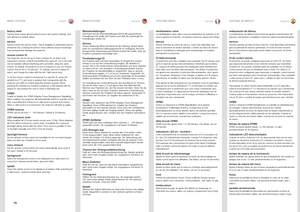 Page 7070
englishdeutschfrancaisespañol
factory r\bs\btFactory.reset .erases .all .memorised .source .and .system .settings, .and.sets .all .back .to .default .values  .
s\brvic\bService .enters .the .service .menu  ..This .is .available .to .authorised .service.personnel .only  ..Entering .the .service .menu .without .proper .knowledge.may .permanentely .damage .the .projector  .
r\bmot\b control IDThe.projector .can .be .set .up .to .have .a .unique .ID, .so .that .it .only.responds .to .remote .controls...