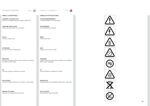 Page 131\f
italianonorskSIKKERHET OG ADVARSL\oERSICUREZZA E AVVERTENZE
SIMBOLI DI AVVERTENZA
LEGGERE LA GUIDA D\M’USOAttenzione!.Per .maggiori .informazioni, .leggere .la .guida .d’uso  .
SYMBOLER PÅ PROJEKTOREN
LES BRUKSANVISNING\MENLes.bruksanvisningen .for .mere .informasjon!
TENSIONE PERICOLOS\MAPericolo  ..Alta .tensione .all’int ..erno .del .prodotto  .
CALDOAvvertenza: .superfici .calde  .
ATTENDEREAvvertenza: .attendere .il .raffreddamento  .
MERCURIOAvvertenza:.la .lampada .contiene .mercurio...