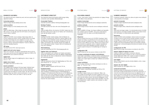 Page 6060
englishdeutschfrancaisespañol
ADVANCED SUB MENU
The.advanced .sub .menu .contains .less .used, .and .more .specific .picture.adjustment .settings  .
horizontal positionShifts.the .image .sideways .(analog .sources .only)  .
v\brtical positionShifts .the .image .up .or .down .(analog .sources .only)  .
phas\bAdjust .for .stable .image  ..A .jittery .image .may .appear .with .certain .VGA/BNC .sources  ..You .may .also .press .the .AUTO .button .on .the .keypad .or.remote .control .to .optimize  ....