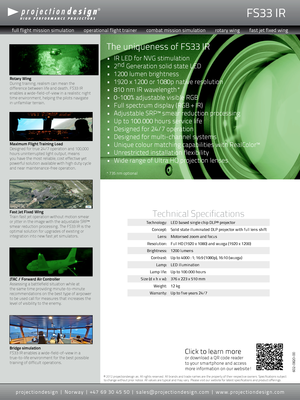 Page 1Click to learn more
or download a QR code reader 
to your smartphone and access 
more information on our website!
Technical Specifications
Technology:LED based single chip DLP® projector
Concept: Solid state illuminated DLP projector with full lens shift
Lens:Motorised zoom and focus 
Resolution: Full HD (1920 x 1080) and wuxga (1920 x 1200)
Brightness: 1200 lumens 
Contrast: Up to 4000 : 1; 16:9 (1080p), 16:10 (wuxga)
Lamp:LED illumination
Lamp life:Up to 100.000 hours
Size (d x h x w): 376 x 223 x 510...