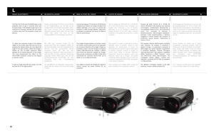 Page 2020
ABDC
E
E REGOLAZIONI IMMAGINE
Ruotare gli anelli FOCUS (A) e ZOOM (B)
intorno allobiettivo del proiettore per ottenere
unimmagine correttamente dimensionata e
con adeguata messa a fuoco. Se la funzione di
zoom non consente di ottenere il
dimensionamento dellimmagine desiderato,
spostare lunità posizionandola a distanza
maggiore o minore rispetto allo schermo di
proiezione, quindi ripetere loperazione di
messa a fuoco.
Per regolare laltezza dellimmagine proiettata
sullo schermo, far scattare in...