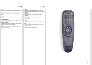 Page 2727
italianonorsk
OK
Premere OK per confermare l’opzione selezionata nel menu .
LASER
Attiva il puntatore laser incorporato . ATTENZIONE: non 
dirigere il fascio laser sulle persone . Non fissare il fascio 
laser .
GAMMA
Premere GM+ o GM- per selezionare le impostazioni 
gamma .
STORE (Memorizza)
Premere STORE e poi un numero da 0 a 9 per memorizzare 
le impostazioni dell’utente .
RECALL (Richiama)
Premere RECALL e poi un numero da 0 a 9 per richiamare 
dalla memoria l’impostazione dell’utente .
0-9...
