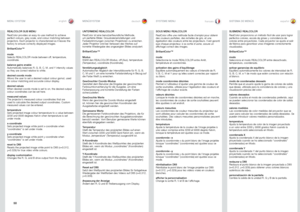 Page 5050
englishdeutsch francais español
REALCOLOR SUB MENU
RealColor provides an easy-to-use method to achieve 
perfect colours, grey scale, and colour matching between 
projectors . Each projector is characterized as it leaves the 
factory to ensure correctly displayed images .
BrilliantColor™
mode
Selects REALCOLOR mode between off, temperature, 
coordinate .
balance gains enable
Automatically balances R, G, B, C, M, and Y intencity values 
so they are correct relative to white .
desired coords mode
Allows...