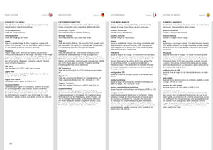 Page 5252
englishdeutsch francais español
ADVANCED SUB MENU
The advanced sub menu contains less used, and more 
spesific picture adjustment settings .
horizontal position
Shifts the image sideways .
vertical position
Shifts the image up and down .
phase
Adjust for stable image . A jittery image may appear with 
certain VGA sources
 . You may also press the AUTO button 
on the keypad or remote control to optimize .
frequency
Adjust image width . An incorrect setting may produce 
vertical, unstable bands in the...