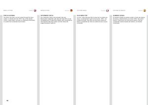 Page 6666
englishdeutsch francais español
STATUS SUB MENU
The status sub menu can be invoked through the menu 
system, or directly from the “INFO” key on the remote 
control . It gives direct, and easy to understand information 
on system and connected source status . MENU SYSTEM
MENÜSYSTEMSYSTEME MENUSISTEMA DE MENÚS
UNTERMENÜ STATUS
Das Untermenü Status wird entweder über das 
Menüsystem aufgerufen oder über die Taste INFO an der 
Fernbedienung  . Es zeigt Ihnen direkte, leicht verständliche 
Informationen...