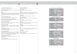 Page 45
italianonorsk
45

SISTEMA DEI MENUMENYSYSTEM
S-VIDEO / C-VIDEO / YPbPr (interlaced)
VGA
YPbPr (progressive)
DVI
DIGITAL NOISE REDUCTION
SOTTOMENU DYNAMIC (Dinamico)
white boost (bianchi accentuati)Consente  di  aumentare  il  livello  di  bianco  dell’immagine,  per ottimizzare il contrasto
gammaL’immagine  sorgente  è  adattata  alle  caratteristiche  tipiche  di alcune applicazioni. In questo modo si ottimizza la visualizzazione delle  immagini,  a  seconda  che  la  sorgente  sia  video,  computer...