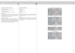 Page 47
italianonorsk
4

S-VIDEO / C-VIDEO / YPbPr (interlaced)
VGA
DVI
YPbPr (progressive)
SOTTOMENU ADVANCED (AVANZATO)
h position (posizione h)Consente di spostare l’immagine in orizzontale.
v position (posizione v)Consente di spostare l’immagine in alto e in basso.
phase (fase)Consente di regolare il valore per ottenere un’immagine stabile. In  alcune  sorgenti  VGA  può  comparire  un’immagine  distorta. Per ottimizzare l’immagine è anche possibile premere il pulsante AUTO sul tastierino o sul...