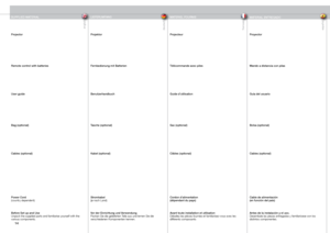 Page 14
englishdeutschfrancaisespañol
14

SUPPLIED MATERIAL
Projector
Remote control with batteries
User guide
Bag (optional)
Cables (optional)
Power Cord(country dependent)
Before Set up and UseUnpack the supplied parts and familiarise yourself with the various components.
LIEFERUMFANG MATERIEL FOURNISMATERIAL ENTREGADO
Projektor
Fernbedienung mit Batterien
Benutzerhandbuch
Tasche (optional)
Kabel (optional)
Stromkabel(je nach Land)
Vor der Einrichtung und VerwendungPacken Sie die gelieferten Teile aus und...