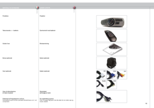 Page 15
italianonorsk
15

LEVERT UTSTYRMATERIALE IN DOTAZIONE
Proiettore
Telecomando c   n batterie
Guida d’uso
Borsa (optional)
Cavi (optional)
Cavo di alimentazione(in base al paese)
Preliminari all’impostazione e all’usoDisimballare le parti fornite e prendere dimestichezza con i vari componenti.
Projektor 
Fjernkontroll med batterier
Bruksanvisning
Veske (optional)
Kabler (optional)
Strømkabel(avhengig av land)
Før oppkobling og brukPakk ut og gjør deg kjent med alle deler før du kobler opp og bruker...