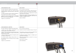 Page 29
italianonorsk


OPPSETTCONFIGURAZIONE
CONFIGURAZIONE DEL VIDEO
Prima della configurazione, spegnere tutte le apparecchiature.
È  possibile  collegare  tre  sorgenti  video,  utilizzando  gli  ingressi YPbPr  (componente),  S-VIDEO  (super  video)  e  C-VIDEO  (video composito). 
La  sorgente  componente  visualizza  immagini  più  dettagliate.  Il video composito mostra immagini con meno dettagli.
L’ingresso DVI-D, inoltre, può essere usato con le sorgenti video (lettore  DVD  provvisto  di...