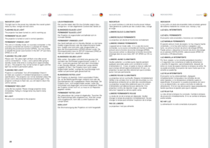 Page 2020
englishdeutschfrancaisespañolINDICATORSLEUCHTANZEIGENINDICATEURSINDICADORES
INDICATOR LIGHT
The light next to the power key indicates the overall system status by blue, orange and red colors .
FLASHING BLUE LIGHT
The projector has been turned on, and is warming up .
PERMANENT BLUE LIGHT 
The projector is turned on and in normal operation .
PERMANENT ORANGE LIGHT
The unit is in standby mode; no source(s) connected, or the source(s) connected are inactive or switched off, thereby activating the...
