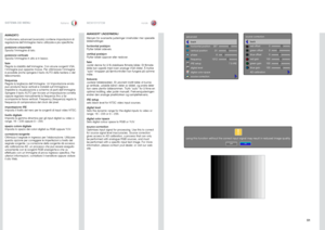 Page 5151
italianonorskSISTEMA DEI MENUMENYSYSTEM
back
horizontal position
vertical position
phase
frequency
IRE setup
digital level
digital color space
source correction
7.5 IRE
267
318
1312
advanced
back
red offset
green offset
blue offset
red gain
green gain
blue gain
AD calibration
0
0
0
100
100
100
source correction
!
noyes
using this function without the correct input signal may result in reduced image quality
AVANZATO
Il sottomenu advanced (avanzato) contiene impostazioni di regolazione dell’immagine...